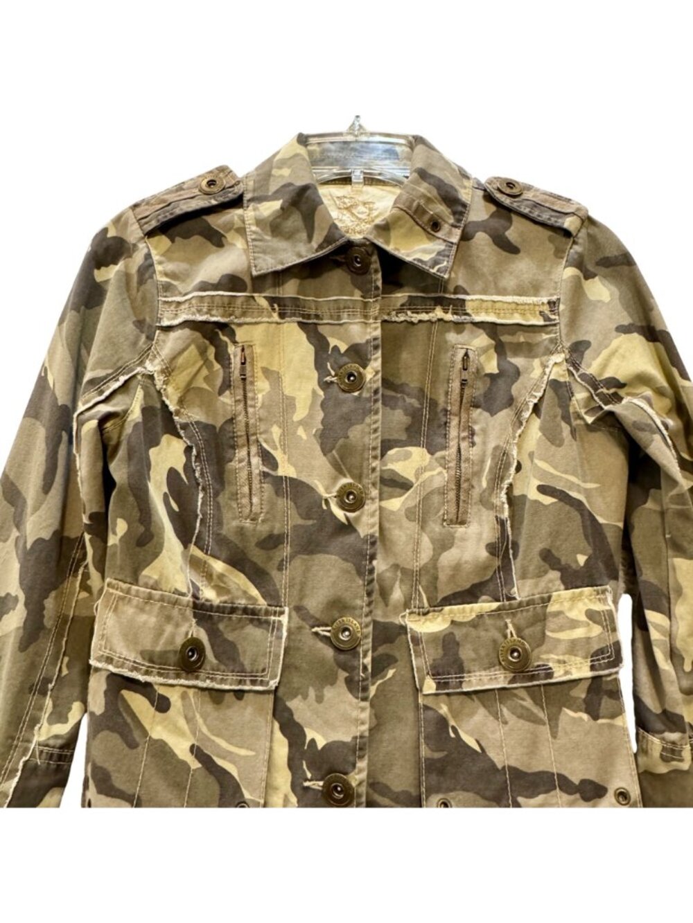 Military-Style River Island Trophy Jacket Epaulets Button-Up Tailored Camouflage - Picture 3 of 13